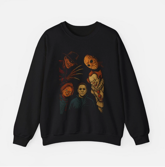 Halloween Horror Characters Sweatshirt  Spooky Movie Villains Unisex Graphic