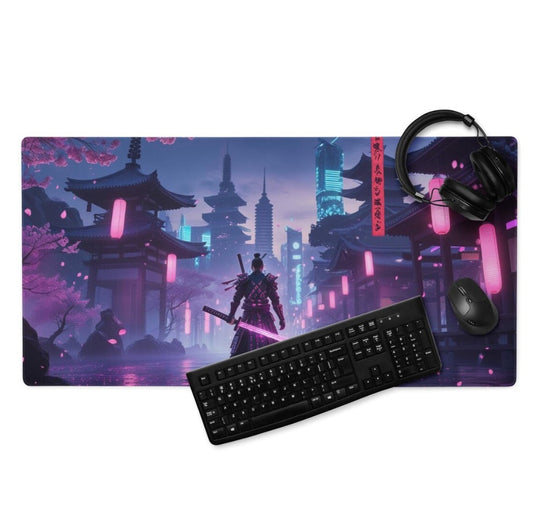 Neon Sakura Cyber Samurai Mouse Pad – Futuristic Pagoda Desk Mat,Choose Size