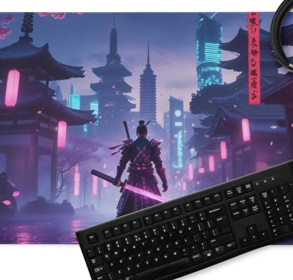 Neon Sakura Cyber Samurai Mouse Pad – Futuristic Pagoda Desk Mat,Choose Size