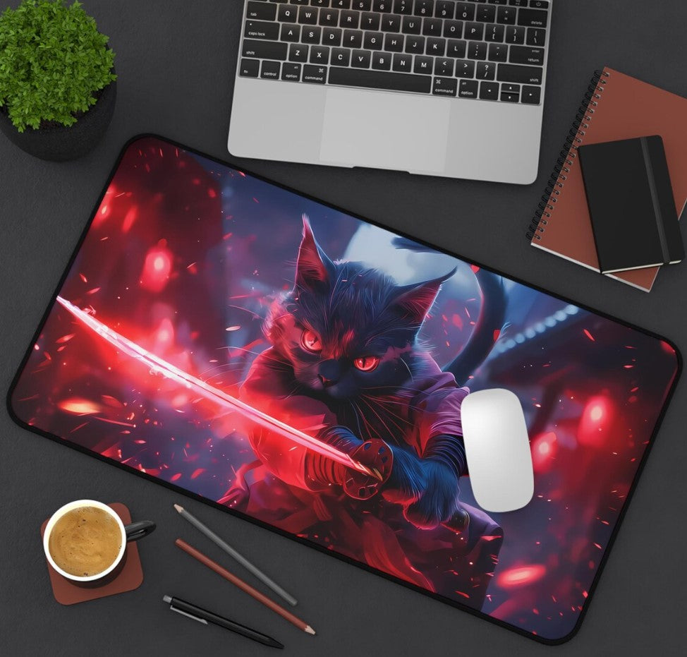 Cute Ninja Cat Deskmat Kawaii Gaming Mousepad Aesthetic PC Mat  Non-Slip Durable Large Pad for Gamers Custom Office Decor Gift,Choose Size