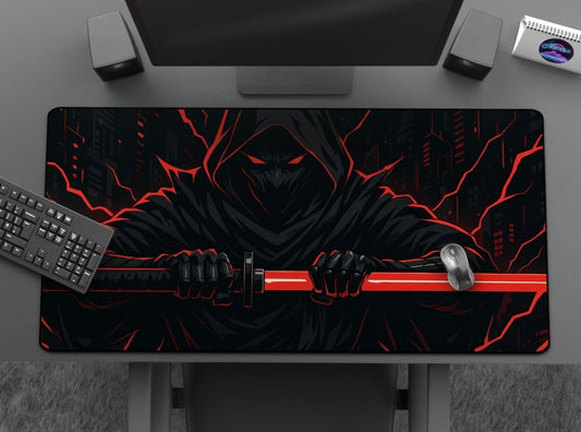 Dark Ninja Gaming Mouse Pad, Red & Black Samurai Desk Mat, Cyberpunk Assassin Desk Decor, Cool Extended Cyber Anime Mousepad for Gamers,Choose Size