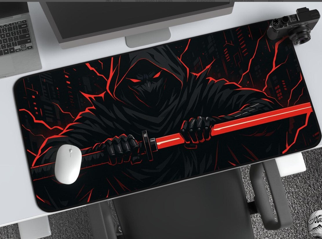 Dark Ninja Gaming Mouse Pad, Red & Black Samurai Desk Mat, Cyberpunk Assassin Desk Decor, Cool Extended Cyber Anime Mousepad for Gamers,Choose Size