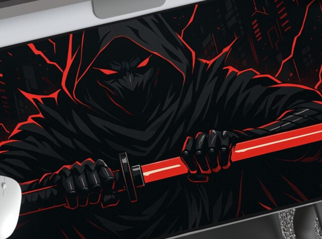 Dark Ninja Gaming Mouse Pad, Red & Black Samurai Desk Mat, Cyberpunk Assassin Desk Decor, Cool Extended Cyber Anime Mousepad for Gamers,Choose Size