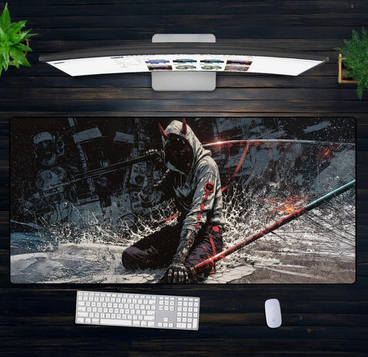 Cyber Ninja Devil XXL Mouse Pad – Urban Samurai Desk Mat with Red Katana, Futuristic Warrior Decor, Gaming Setup for Anime Fans,Choose Size