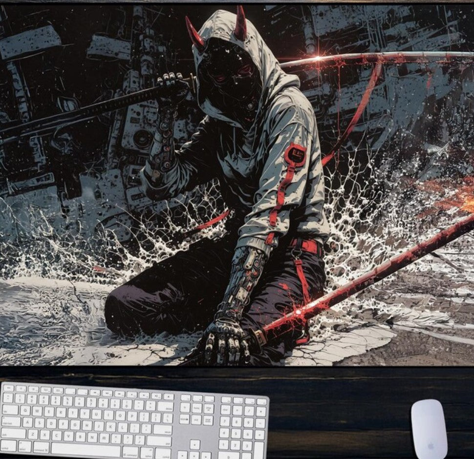 Cyber Ninja Devil XXL Mouse Pad – Urban Samurai Desk Mat with Red Katana, Futuristic Warrior Decor, Gaming Setup for Anime Fans,Choose Size