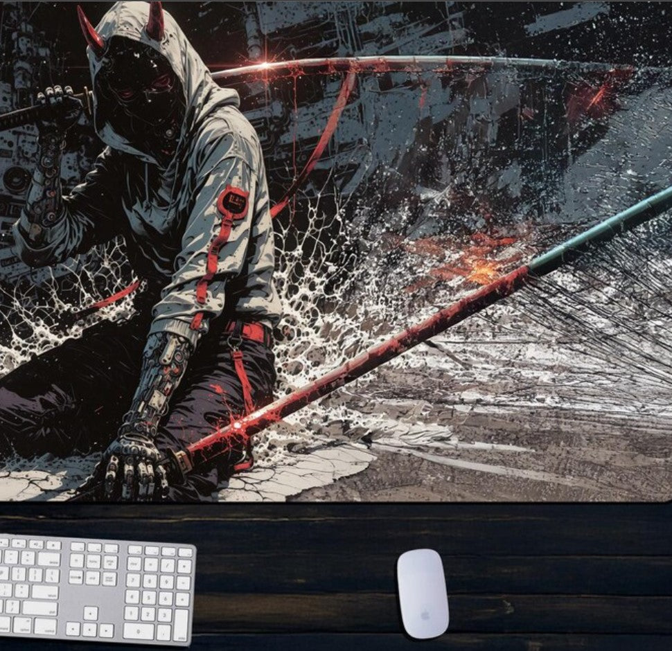 Cyber Ninja Devil XXL Mouse Pad – Urban Samurai Desk Mat with Red Katana, Futuristic Warrior Decor, Gaming Setup for Anime Fans,Choose Size