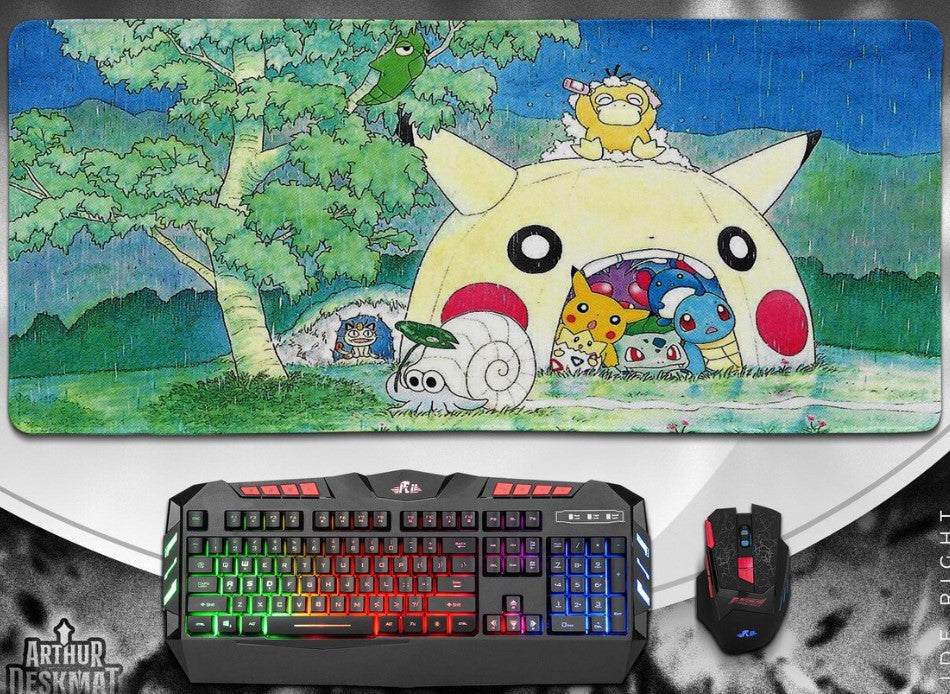 Pokemon Rainy Day Mouse Pad - Pikachu Squirtle Bulbasaur Psyduck Gaming Desk Mat, Kawaii Anime Desk Decor Gift,Choose Size