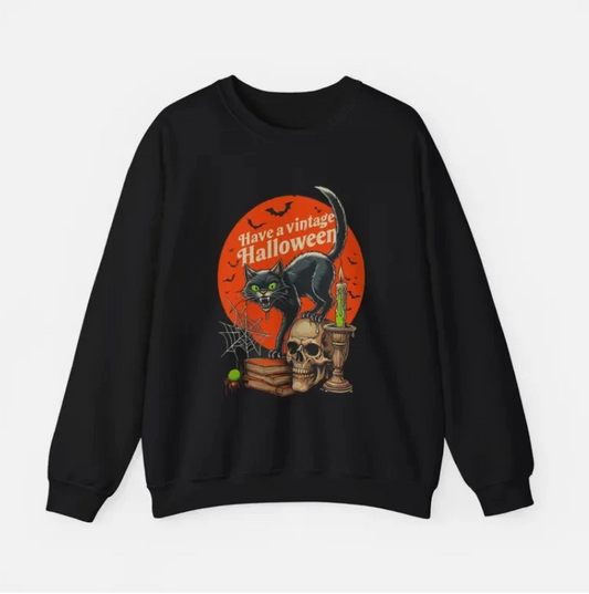 Halloween Cat Lover Sweatshirt Vintage Spooky Cozy Fall Unisex Crewneck