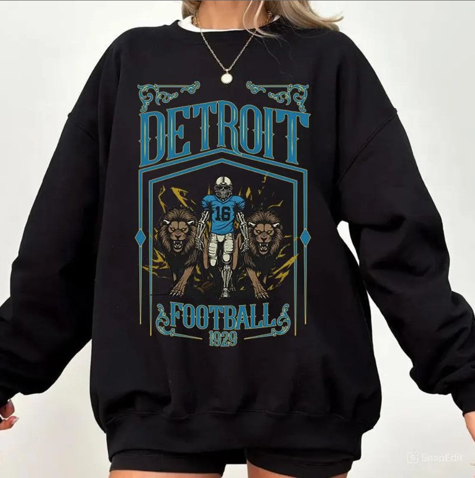 Detroit Football Skull Vintage Sweatshirt,Gifts for Detroit Fans,Football Game Day Sweatshirt,Detroit Football Crewneck Shirt,Football shirt