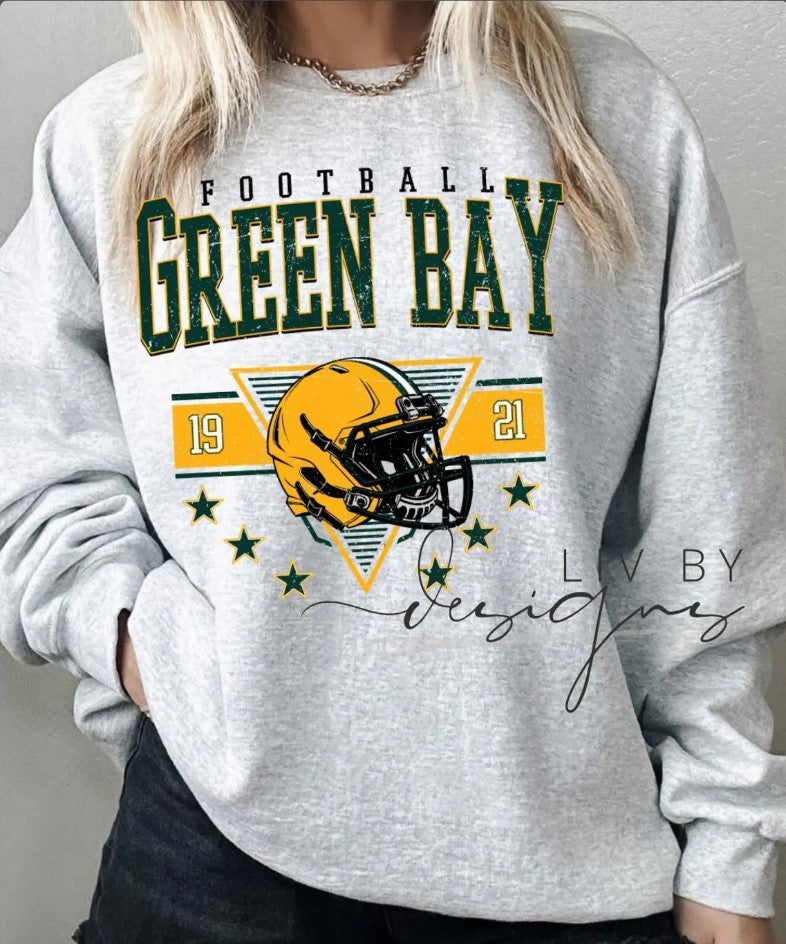 Green Bay Football Crewneck Sweatshirt Gildan Unisex Retro Football Sweater Vintage Helmet Graphic Sweatshirt DTF Printed Fan Apparel