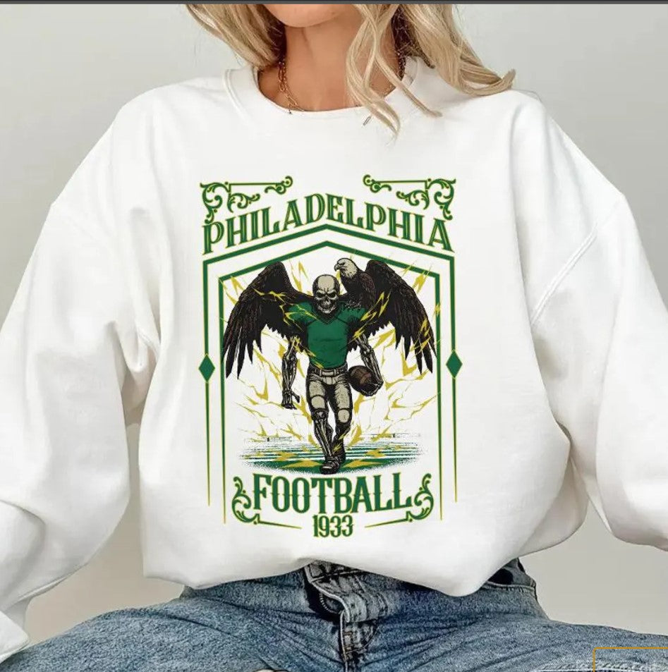 Philadelphia Football Skull Vintage Sweatshirt,Philadelphia Fan Gifts,Football Game Day ,Philadelphia Football Crewneck,Football T-Shirt