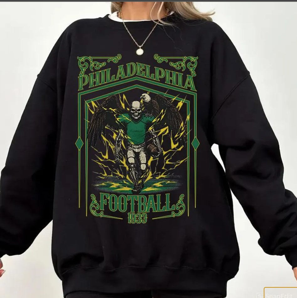 Philadelphia Football Skull Vintage Sweatshirt,Philadelphia Fan Gifts,Football Game Day ,Philadelphia Football Crewneck,Football T-Shirt