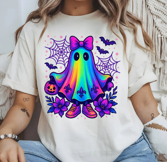 Spooky Season Ghost T Shirt, Halloween Cute Ghost Tee, Rainbow Ghost Shirt, Bats Web and Flowers T-Shirt, Holiday Season Tee