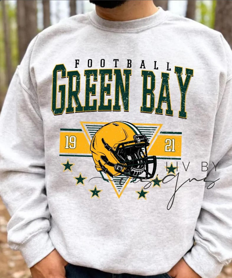 Green Bay Football Crewneck Sweatshirt Gildan Unisex Retro Football Sweater Vintage Helmet Graphic Sweatshirt DTF Printed Fan Apparel
