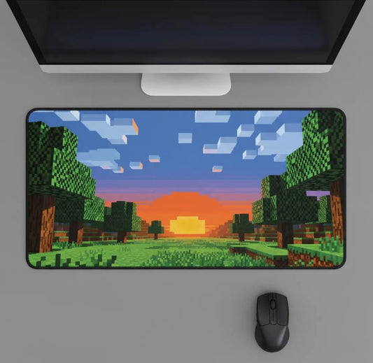 Pixel Sunset Mouse Pad – Blocky Landscape Desk Mat, Minecraft Style Voxel Art, Choose Size