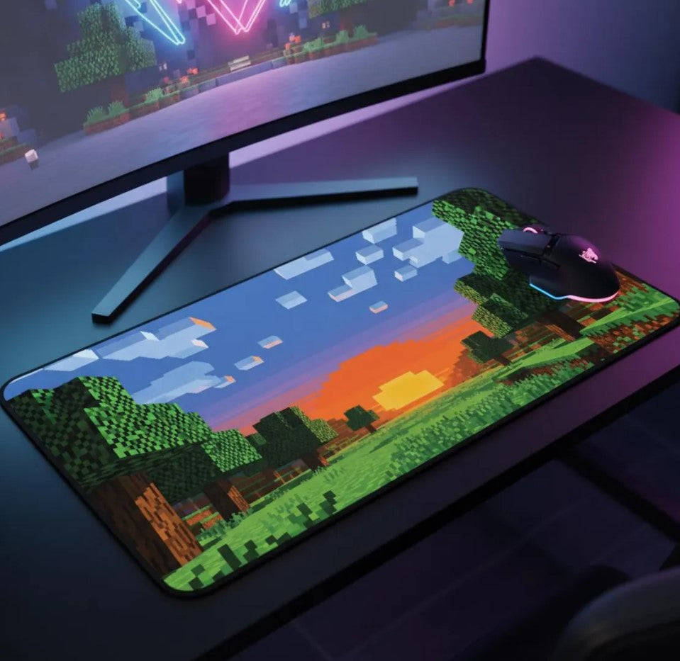 Pixel Sunset Mouse Pad – Blocky Landscape Desk Mat, Minecraft Style Voxel Art, Choose Size