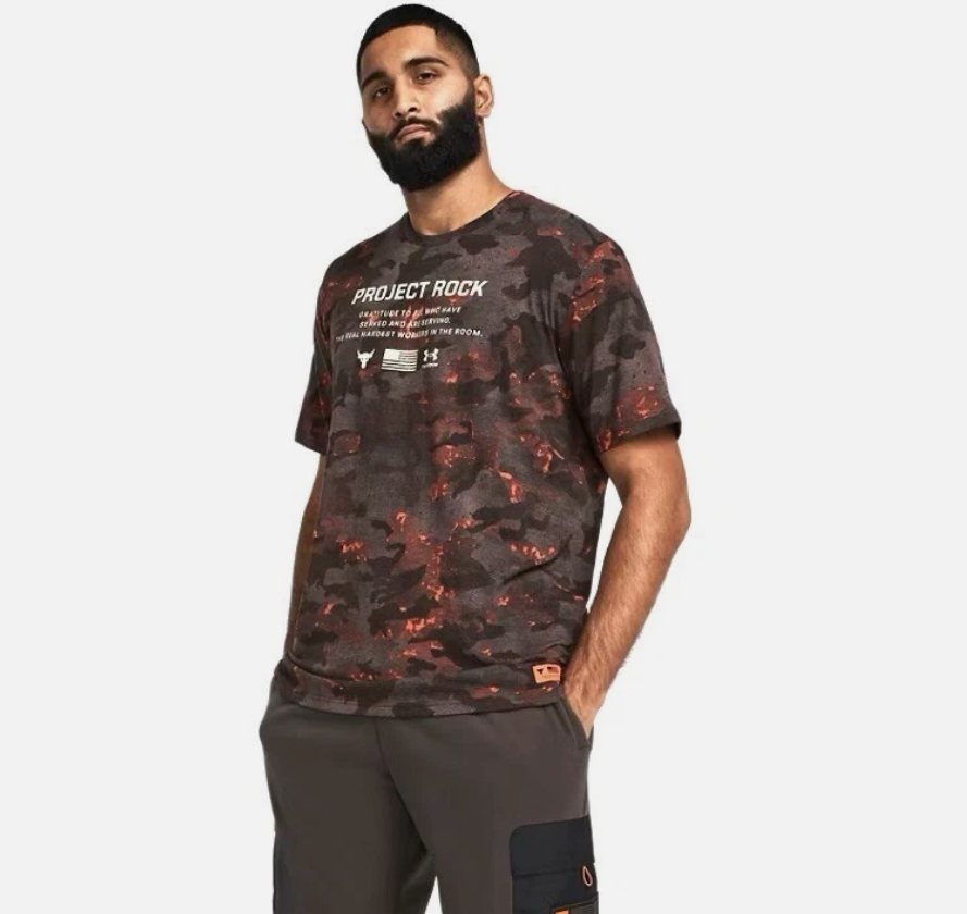 Men's Under Armour Project Rock Veterans Day Orange Camo T-Shirt