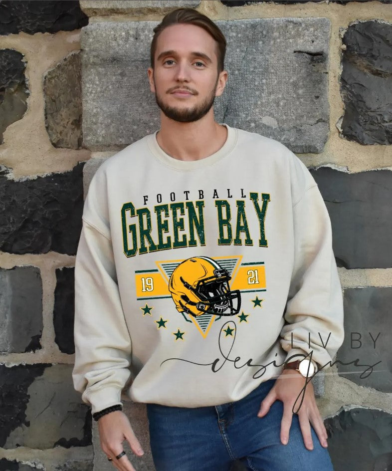 Green Bay Football Crewneck Sweatshirt Gildan Unisex Retro Football Sweater Vintage Helmet Graphic Sweatshirt DTF Printed Fan Apparel