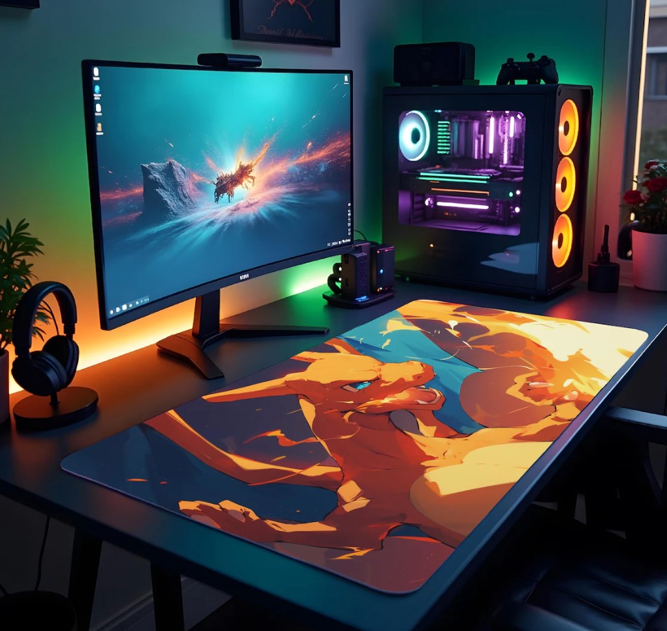 Gaming Desk Mats, Gamer Mouse Pad, Computer Gaming Accessories, Desk Decor, Gaming Setup Gift, Japanese, Fire Pokemon,,Choose Size