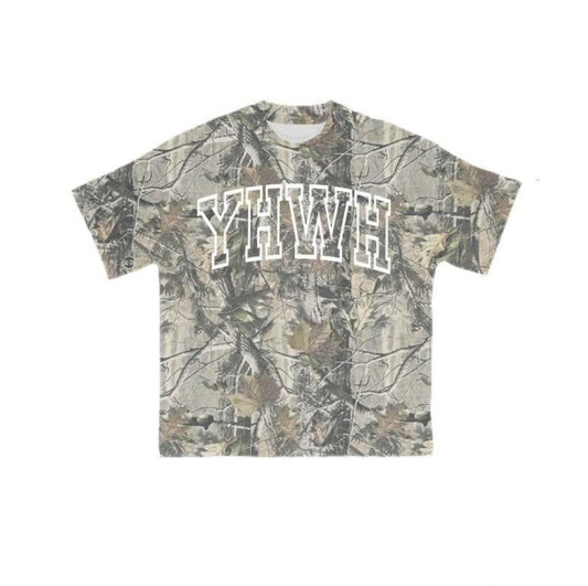 Unisex YHWH Camo T-Shirt – Leaves Camouflage Print, Short Sleeve Christian Tee for Men and Women